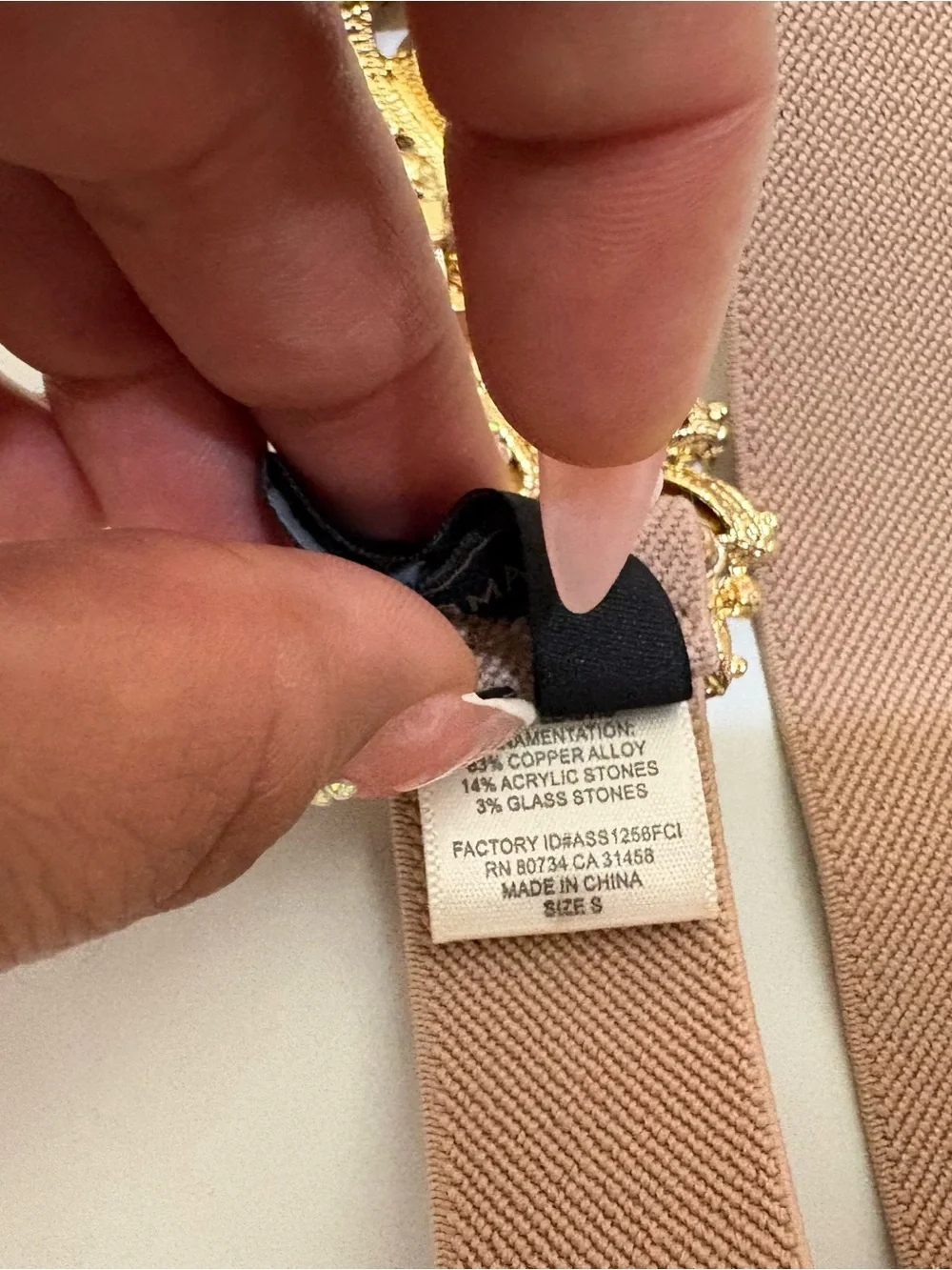 BCBGMAXAZRIA Nude Blush Stretch Belt Gold Jeweled Embellished Front Closure S